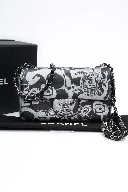 CHANEL 22C Black Silver Printed Lambskin Leather Rectangular Mini Flap Bag