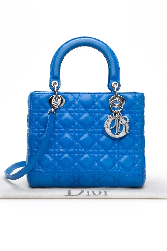 DIOR Blue Lambskin Cannage Medium Lady Dior Bag