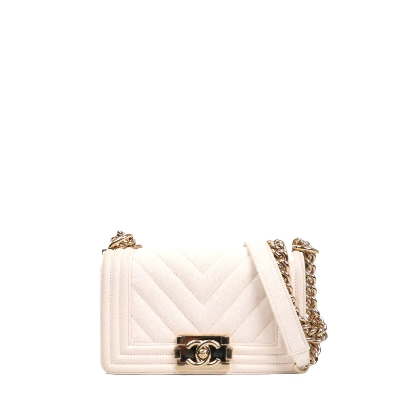 CHANEL - Sac à bandoulière Boy Small Chanel en cuir caviar blanc