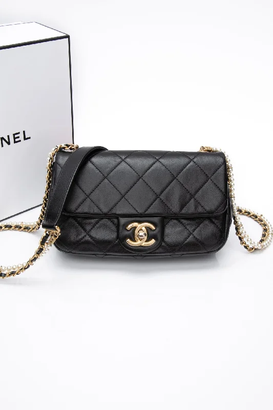 CHANEL Small Black Crystal Pearls Chain Lambskin Quilted Flap Bag