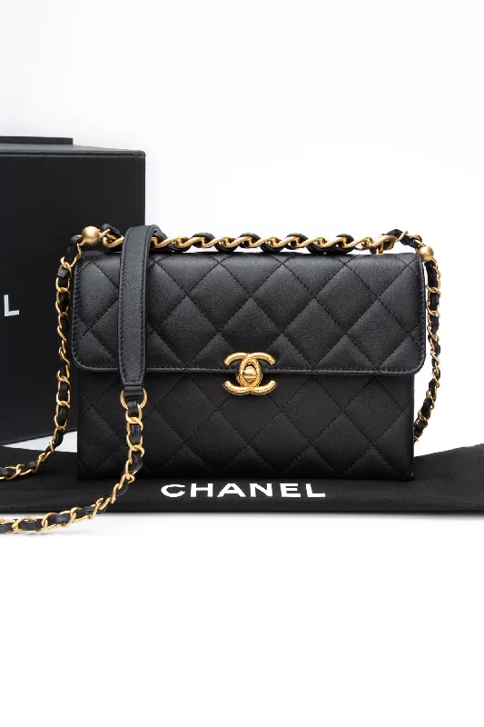 CHANEL Black Lambskin Quilted Small Chain Flap Bag