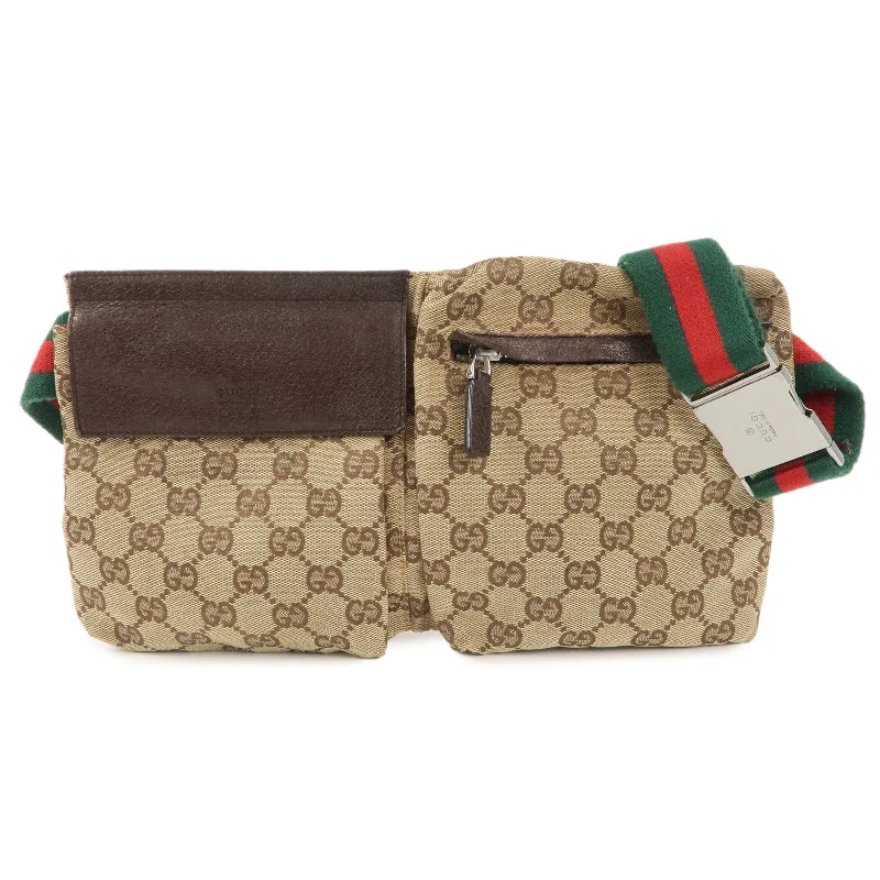 GUCCI GG Canvas Leather Waist Bag Waist Pouch Beige Brown 28566