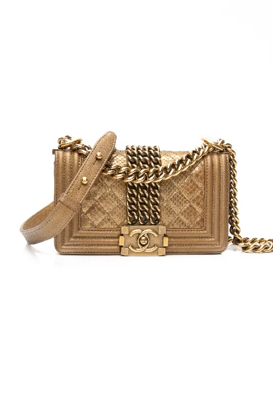 CHANEL Gold Python Quilted Boy Small Flap Bag