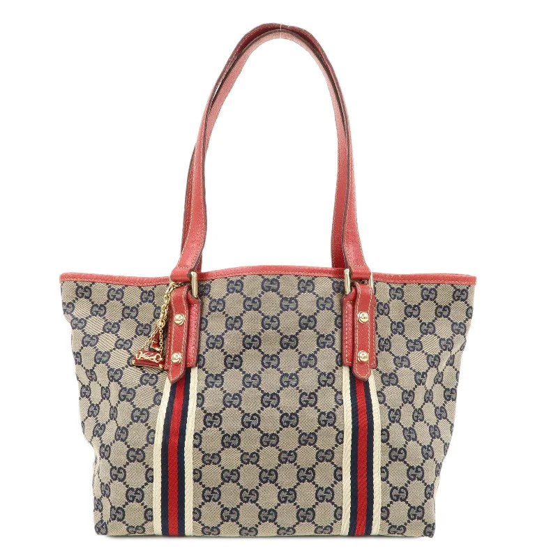 GUCCI Sherry GG Canvas Leather Tote Bag Beige Red Navy 137396