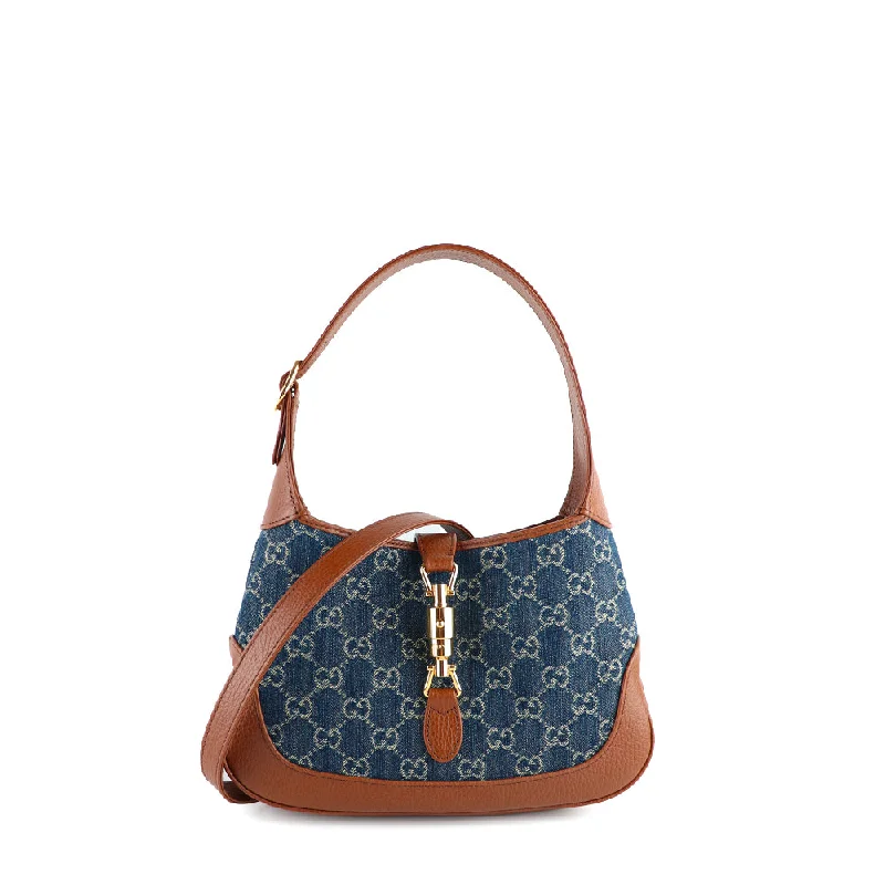 GUCCI - Sac à bandoulière Jackie 1961 petite taille Gucci en denim et cuir grainé marron