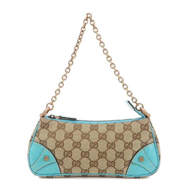 GUCCI GG Canvas Leather Chain Hand Bag Pouch Beige Blue 120940