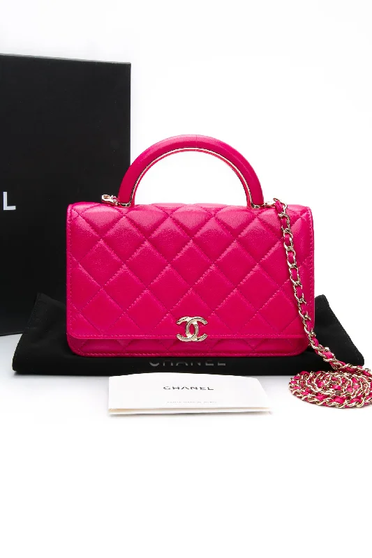 CHANEL 22A Fuchsia Calfskin Quilted Top Handle Wallet on Chain WOC