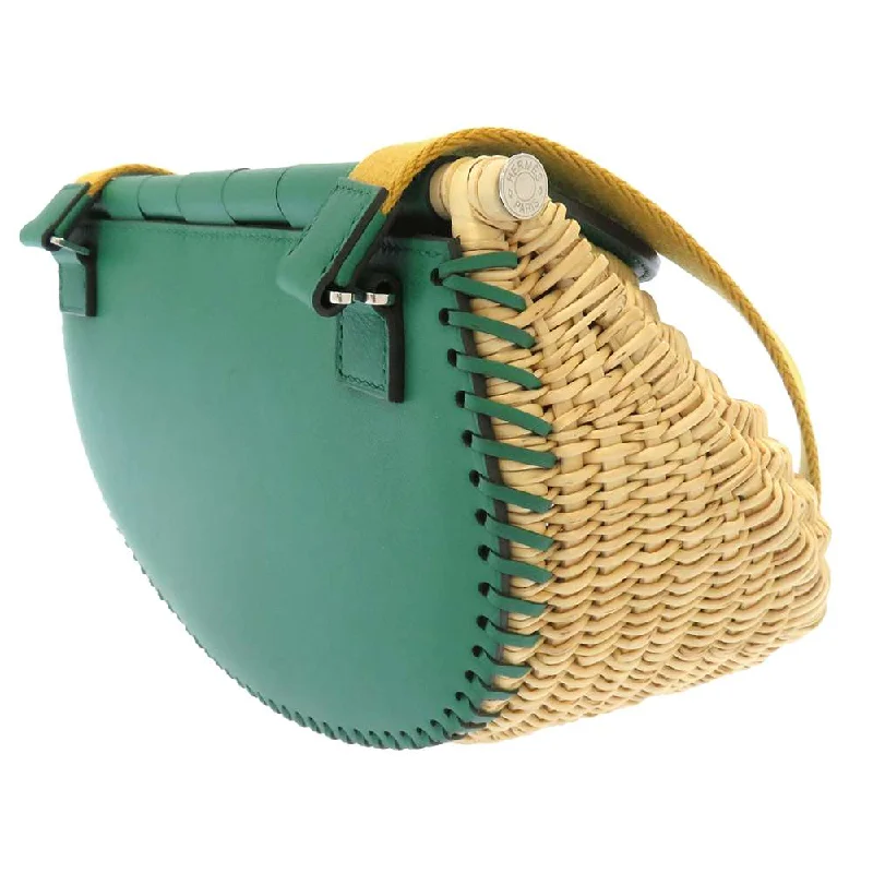 HERMES fishing basket VertVeron/Natural Swift Leather Straw