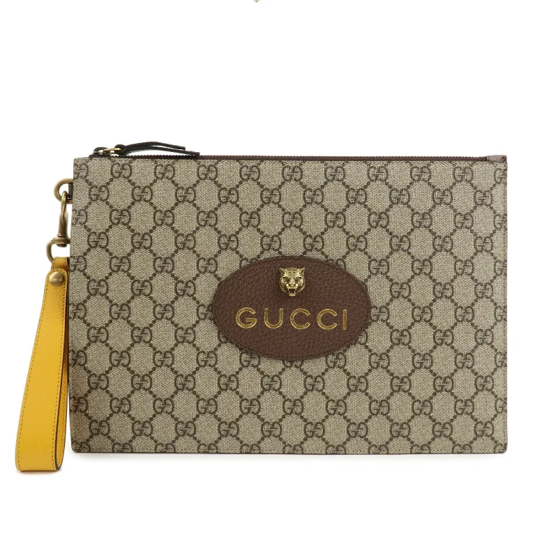 GUCCI Tiger Head GG Supreme Leather Clutch Bag Beige Brown 473956