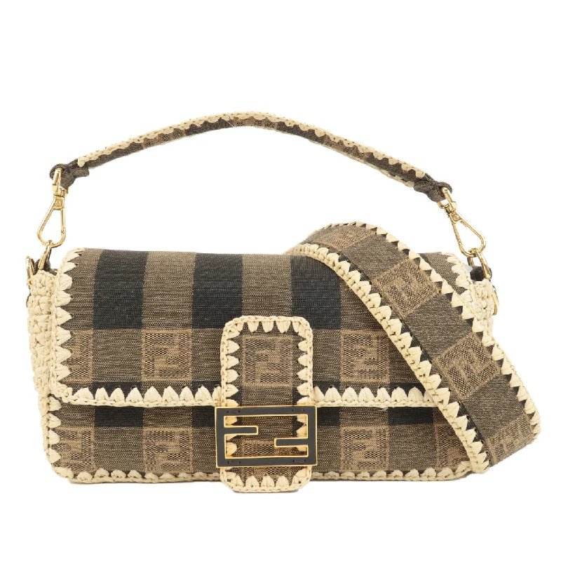 FENDI Mamma Baguette Zucca Pequin Raffia 2Way Bag Hand Bag 8BR600