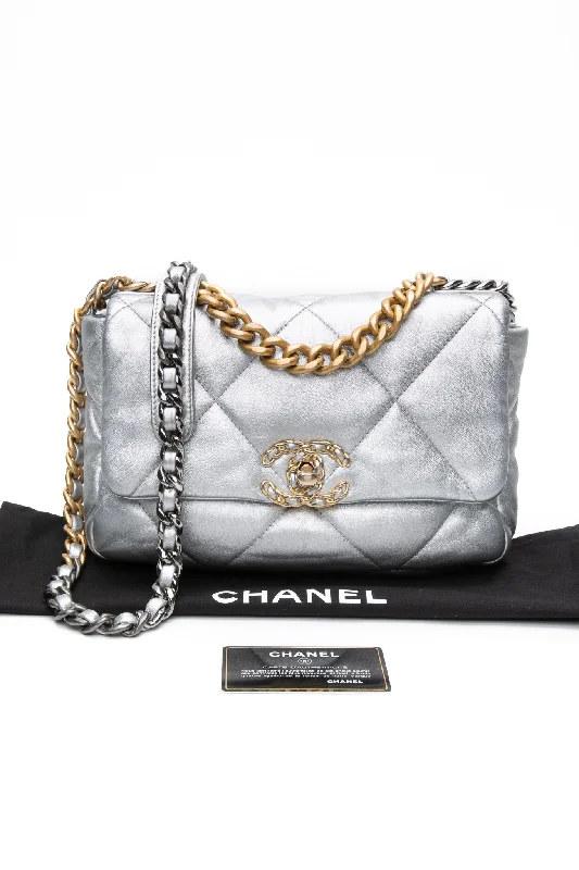 CHANEL Silver Metallic Goatskin Quilted Medium Chanel 19 Flap Bag