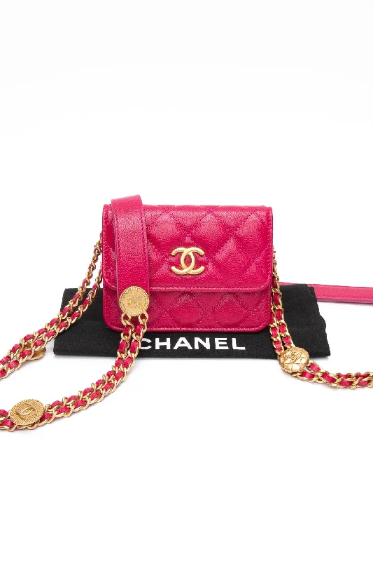 CHANEL Hot Pink Caviar Quilted Twist Your Buttons Coin Purse with Chain Crossbody Bag