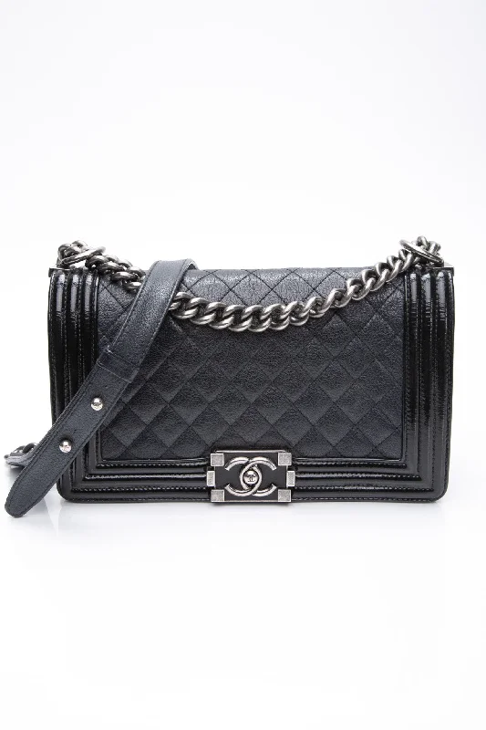 CHANEL Black Goatskin with Patent Quilted Medium Boy Flap Bag