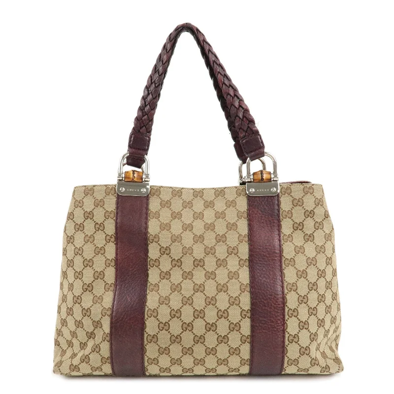 GUCCI Bamboo Bar GG Canvas Leather Tote Bag Beige Brown 232947