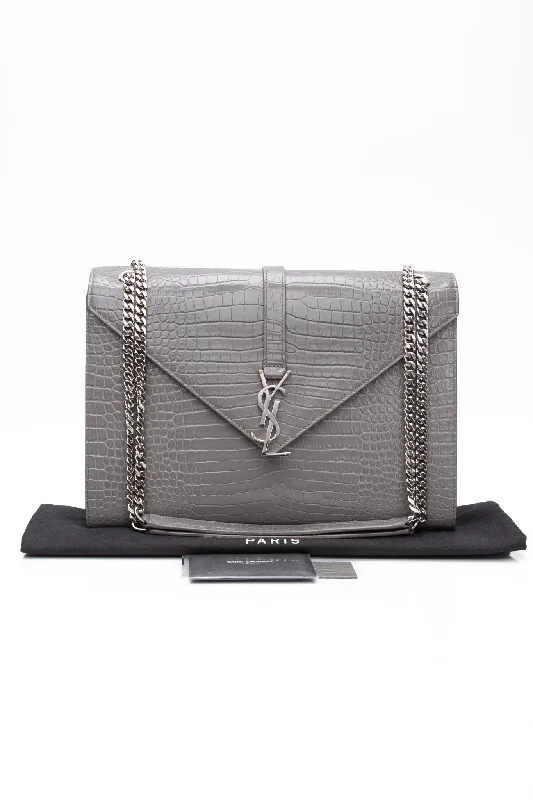 SAINT LAURENT Grey Croc Embossed Leather Large Envelope Shoulder Crossbody Bag