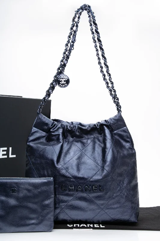 CHANEL Navy Blue Metallic Calfskin Quilted Chanel 22 Hobo Bag