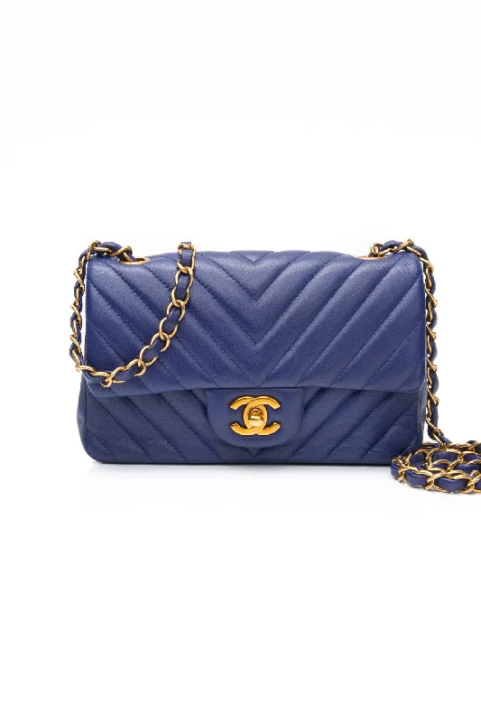 CHANEL Blue Lambskin Chevron Quilted Mini Rectangular Flap Crossbody Bag