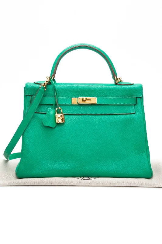 HERMES Menthe Green Kelly 32 Clemence Leather with Gold Hardware