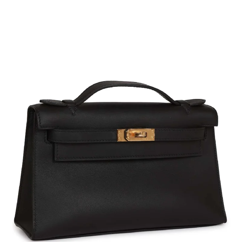 Hermes Kelly Pochette Black Swift Gold Hardware