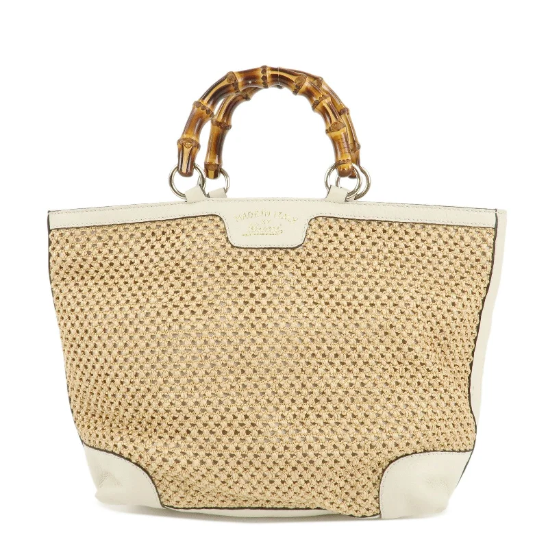 GUCCI Bamboo Raffia Leather Hand Bag Tote Bag Beige 338965