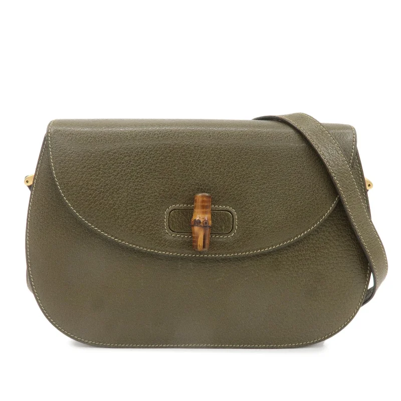 GUCCI Bamboo Leather Shoulder Bag Khaki Gredn 001.113.1529