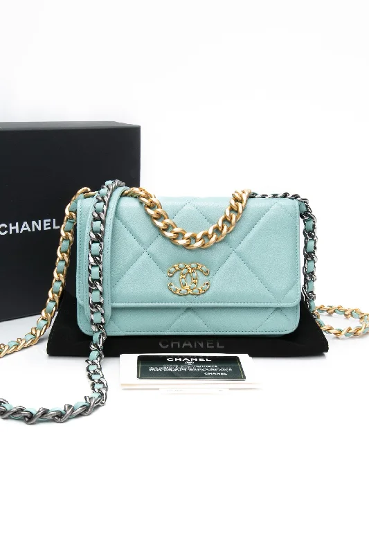 CHANEL 20C Tiffany Blue Lambskin Quilted Wallet On Chain WOC