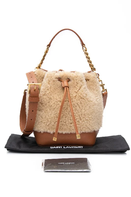 SAINT LAURENT Natural Beige Shearling Calfskin Small Emmanuelle Bucket Bag