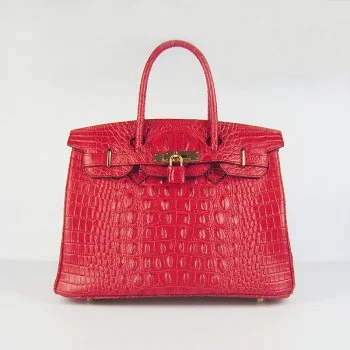 Hermes Birkin 30cm Crocodile Head Vein Handbags Red Golden