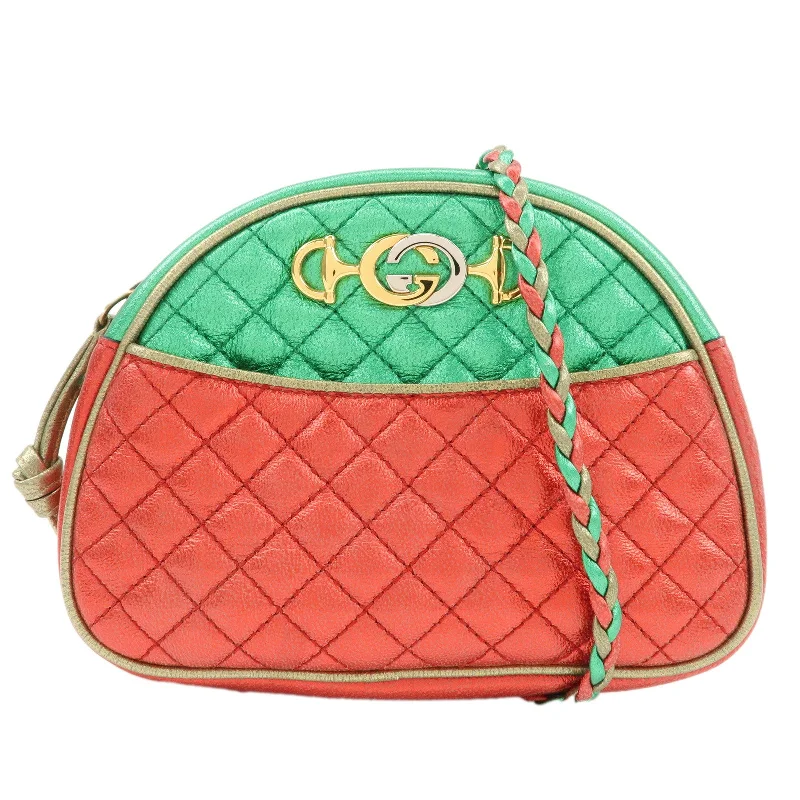 GUCCI Laminate Quilting Leather Shoulder Bag Green Red Gold 534951