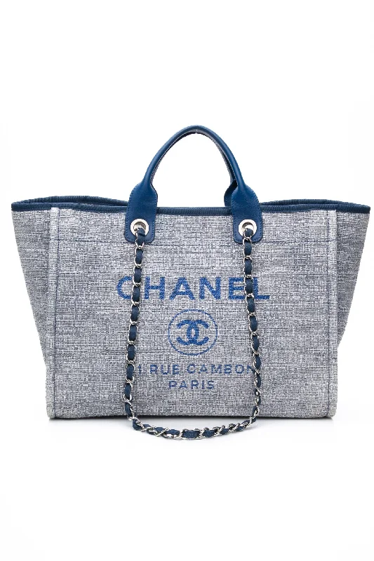 CHANEL Blue Glitter Woven Straw Raffia Medium Deauville Tote Bag