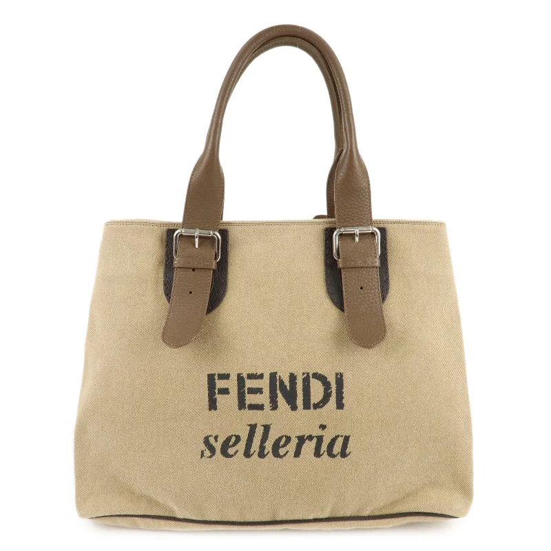 FENDI Canvas Leather Tote Bag Shoulder Bag Hand Bag Beige