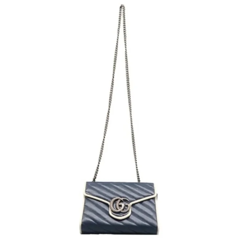 GUCCI GG Marmont Chain Wallet Blue Leather Shoulder Bag