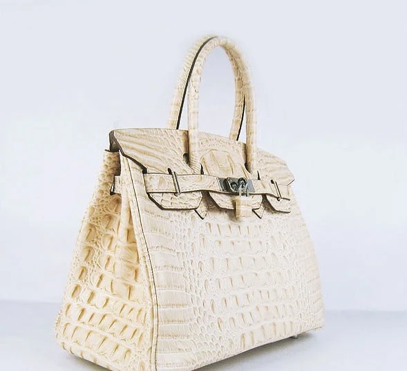 Hermes Birkin 30cm Crocodile Head Vein Handbags Beige Silver