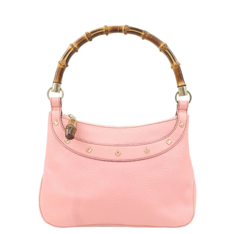 GUCCI Bamboo Leather Shoulder Bag Hand Bag Studs Pink 137378