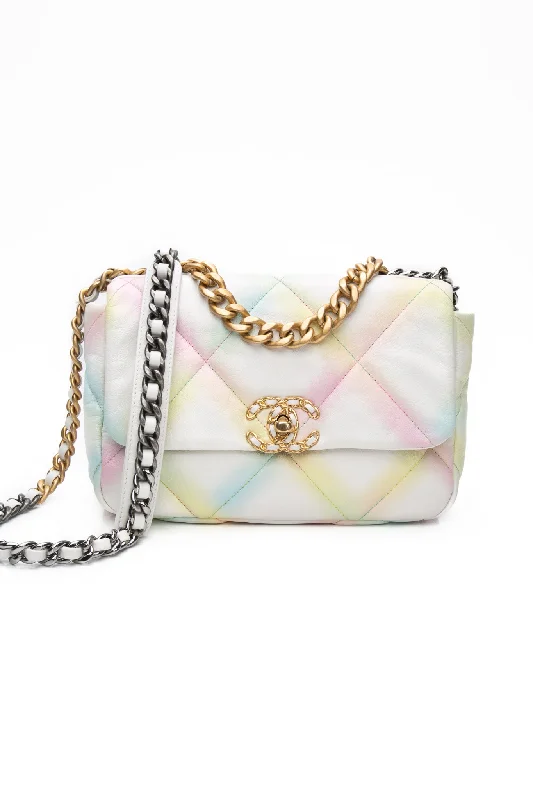 CHANEL White Multicolor Goatskin Quilted Medium Chanel 19 Flap Bag