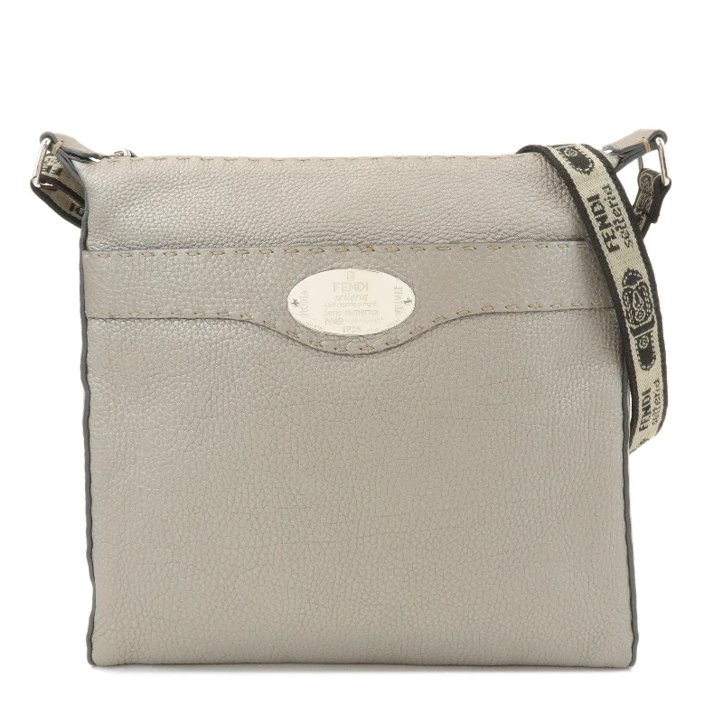 FENDI Selleria Leather Shoulder Bag Champagne Gray 8BT109