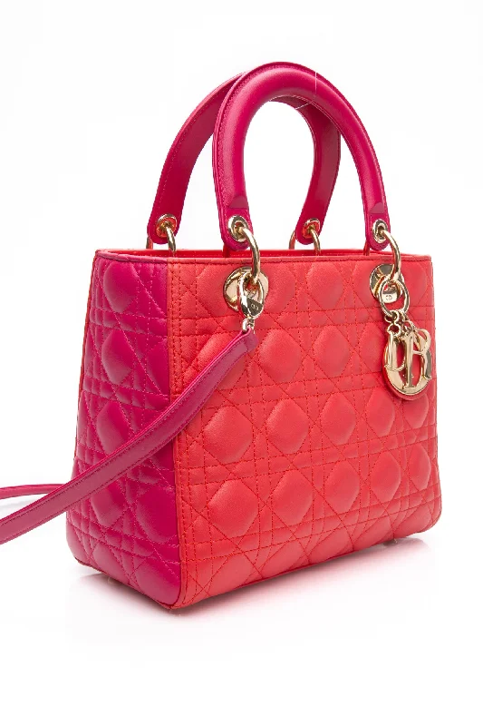 DIOR Bi-Color Orange Fuchsia Lambskin Cannage Medium Lady Dior Bag