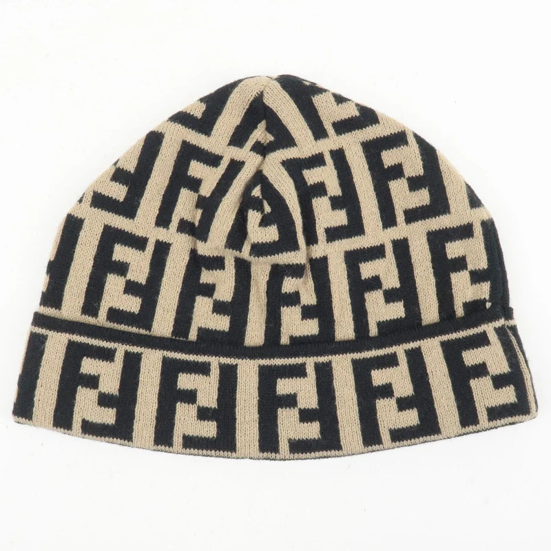 FENDI Zucca Logo Knit Hat Beanie Beige Black