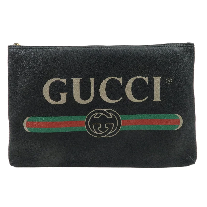 GUCCI Logo Print Leather Portfolio Clutch Bag Black 500984