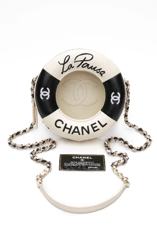 CHANEL Black White Lambskin Coco Lifesaver Round Crossbody Bag